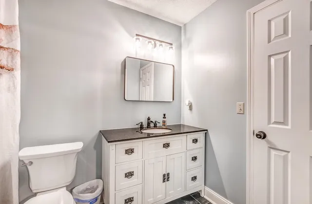 a bathroom with a granite countertop sink a toilet and a mirror