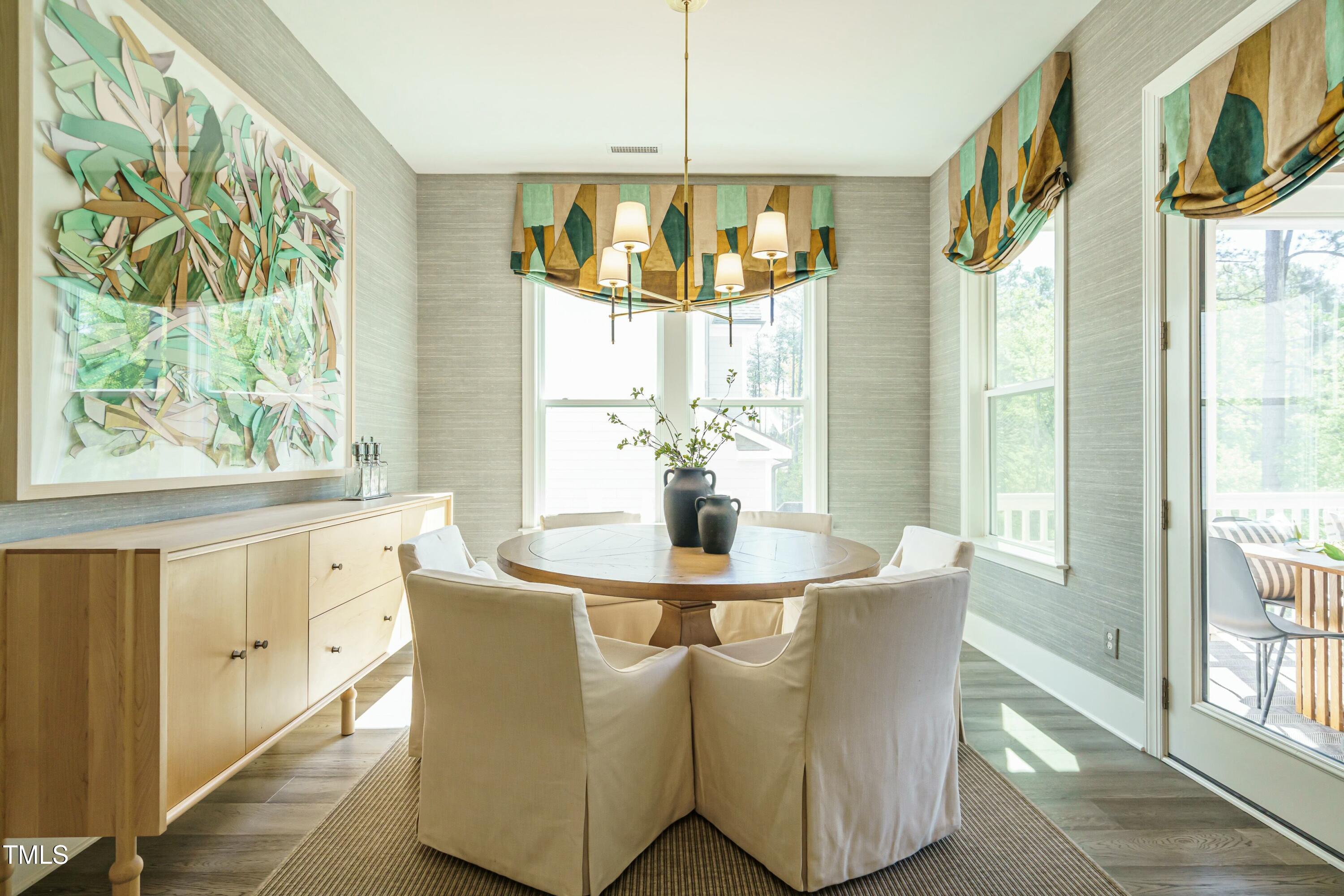 5265 Aleppo Lane Raleigh, NC 27613 - Photo 10 of 45 A luminous casual dining space is grounded by "scrubbable" wallpaper by Philip Jeffries and playful window treatments by Lee Jofa.