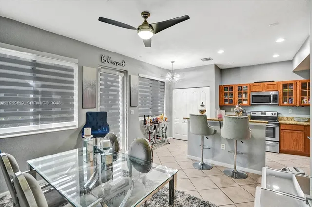 a view of a dining room with furniture window and outside view