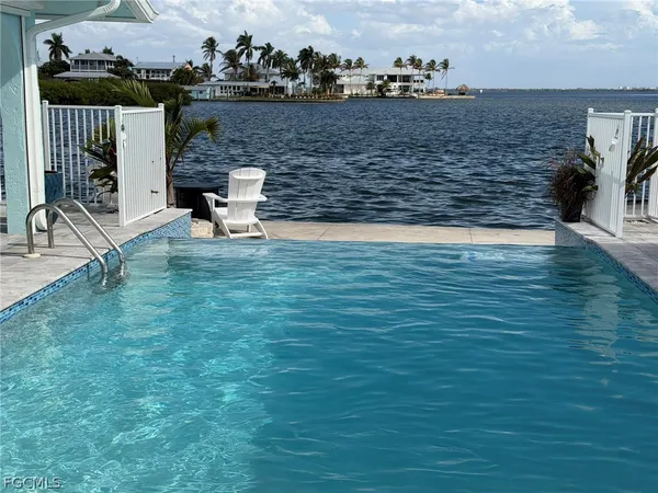 swimming pool view with a seating space