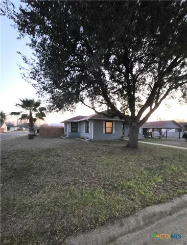 a view of a yard in front of a house with large tree