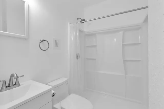 a bathroom with a shower toilet and sink