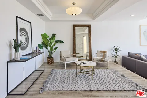 a living room with furniture and a potted plant