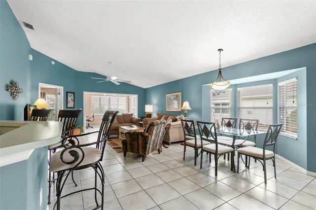 a view of a dining room with furniture window and outside view