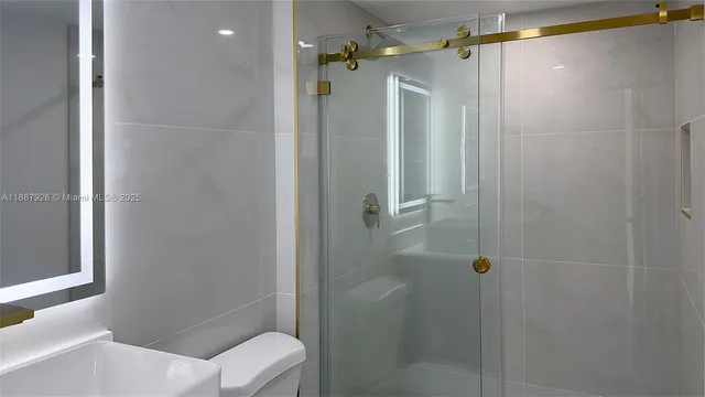 a bathroom with a shower and toilet