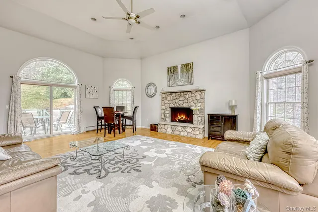 a living room with furniture a dining table and a fireplace