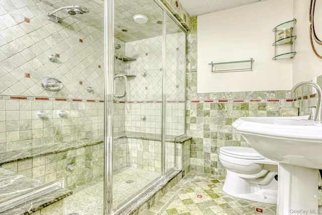 a bathroom with a toilet and a shower