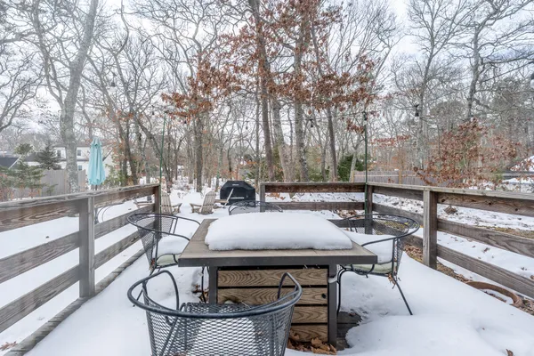 a view of backyard with seating and trees