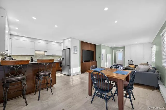 a view of a dining room with furniture
