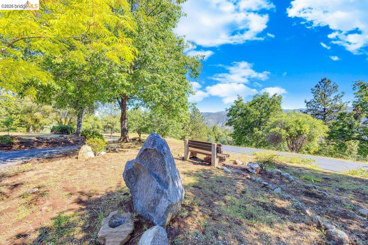 13700 Clements Road Groveland, CA 95321 - Photo 79 of 93 Natural rock formations complement the landscape, featuring mature trees, a wood-finish bench, and a paved pathway