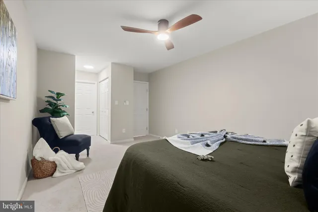 a bedroom with a bed and ceiling fan