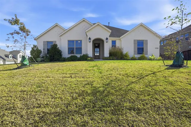 a front view of a house with yard and green space