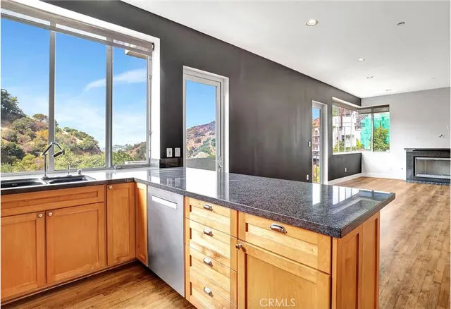 a open kitchen with granite countertop a sink and dishwasher with wooden floor