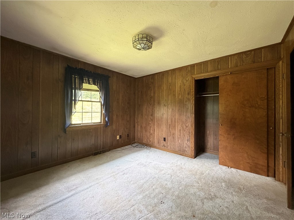 3260 Tabor Ridge Road Northeast Mineral City, OH 44656 - Photo 6 of 27 Paneling walls with wood-finish trim, a window with exterior visibility, a built-in closet with a sliding door, and a ceiling-mounted light fixture