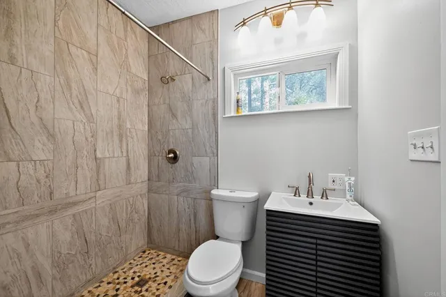 a bathroom with a sink a toilet and shower