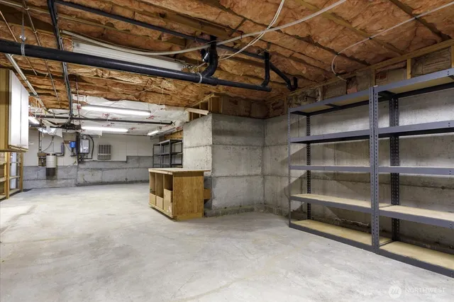 a view of a room with wooden racks