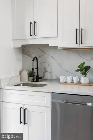 a kitchen with granite countertop white cabinets and a potted plant