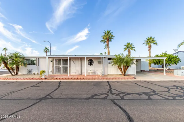 front view of a house with a patio