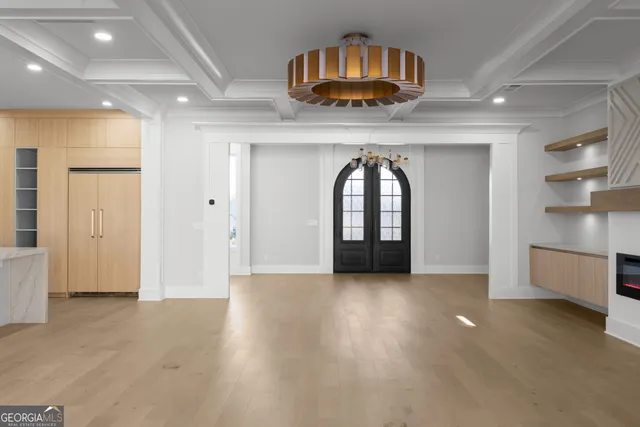 a view of a room with shelves