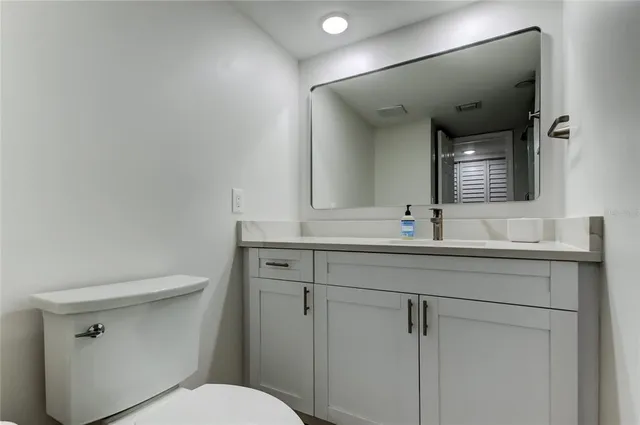 a bathroom with a toilet a sink a mirror and vanity