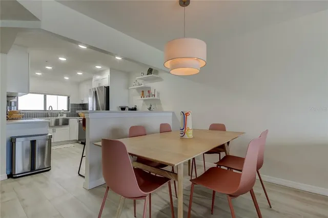 a view of a dining room with furniture