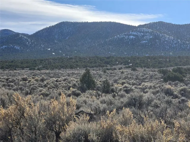 a view of a dry yard with mountains in the background