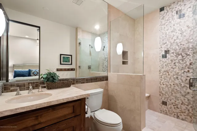 a bathroom with a sink a toilet a large mirror and shower