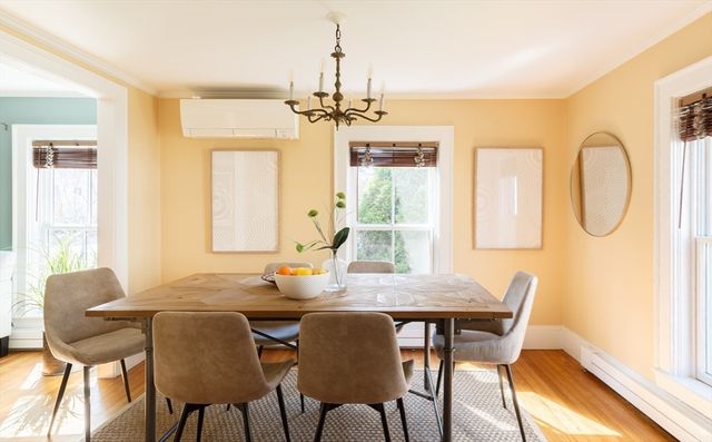 a view of a dining room with furniture window and outside view