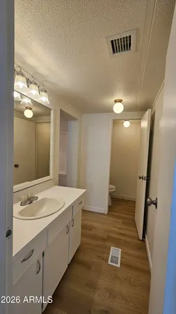 a bathroom with a sink a toilet a mirror and vanity
