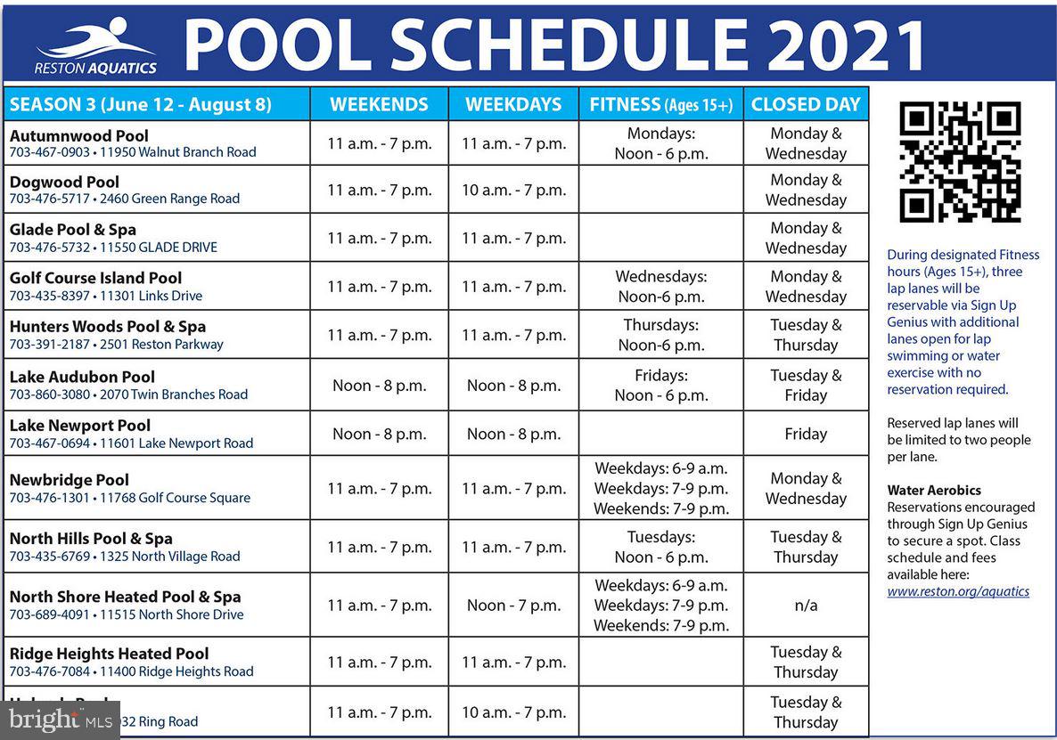2247 Hunter's Run Drive Reston, VA 20191 - Photo 41 of 42 Pool schedule (hunters woods pool is closest)