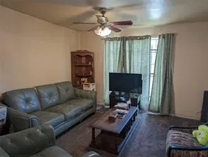 a living room with furniture a ceiling fan and a rug