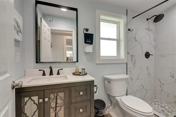 a bathroom with a toilet a sink a vanity a mirror and shower