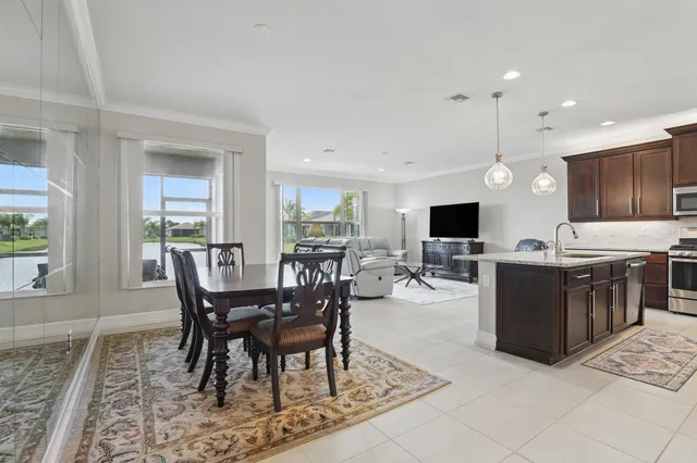 a view of a dining room with furniture