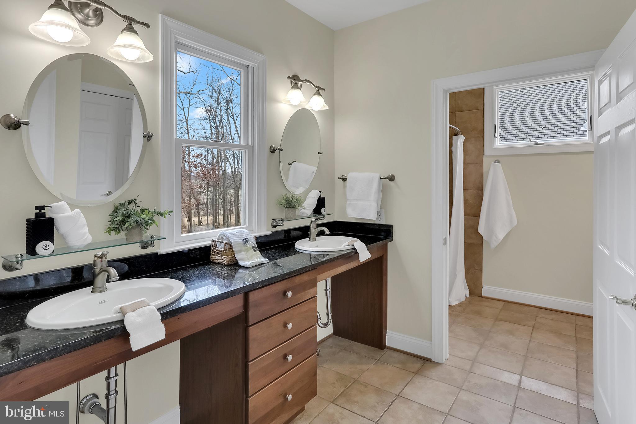 37218 Bolyn Road Purcellville, VA 20132 - Photo 16 of 62 a bathroom with a granite countertop sink a mirror and a shower