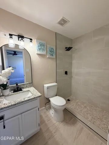 a bathroom with a granite countertop sink toilet and shower