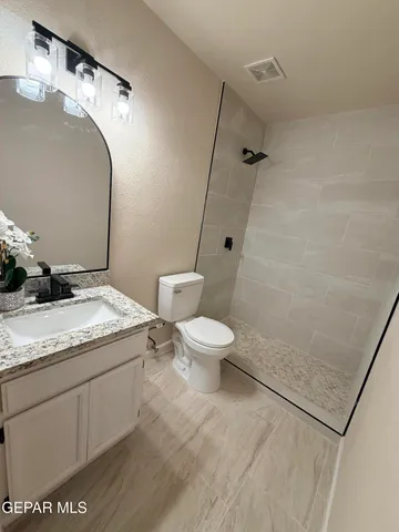 a bathroom with a granite countertop sink toilet and shower