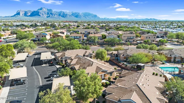 an aerial view of a house with a outdoor space