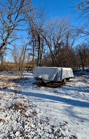 a view of fire pit with large trees