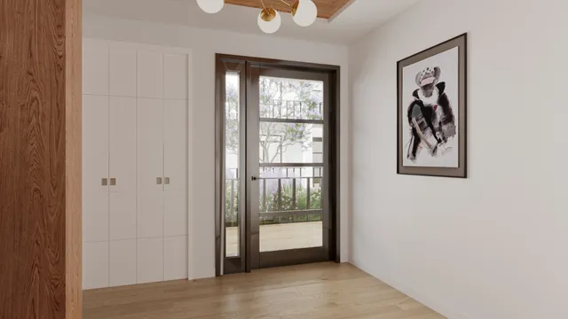 a view of a hallway with windows