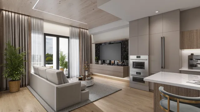 a living room with furniture fireplace and flat screen tv