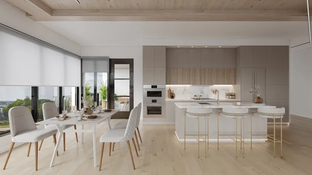 a dining hall with stainless steel appliances kitchen island granite countertop a dining table and chairs