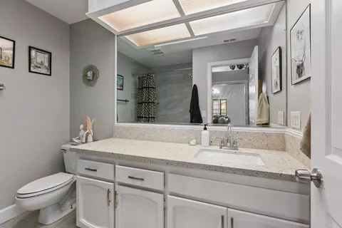 a bathroom with a toilet sink and mirror