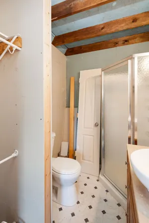 a bathroom with a shower toilet and sink