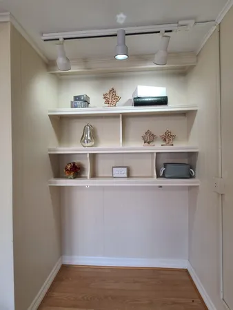 a view of white cabinets with wooden floor
