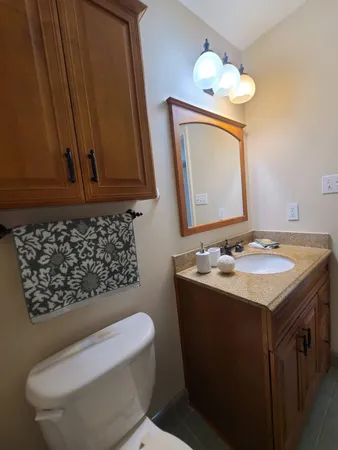 a bathroom with a sink toilet and mirror