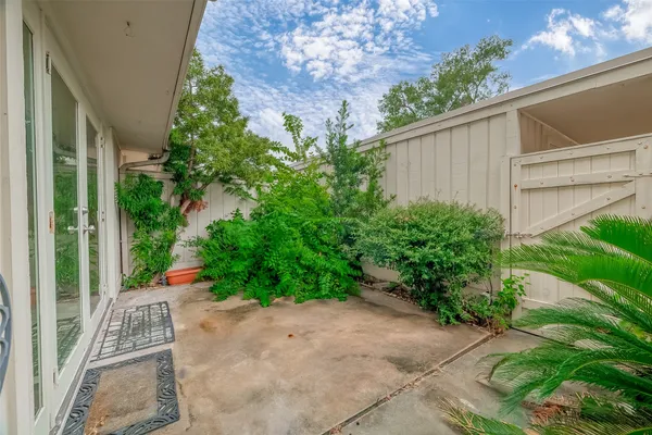 a view of a backyard with potted plants