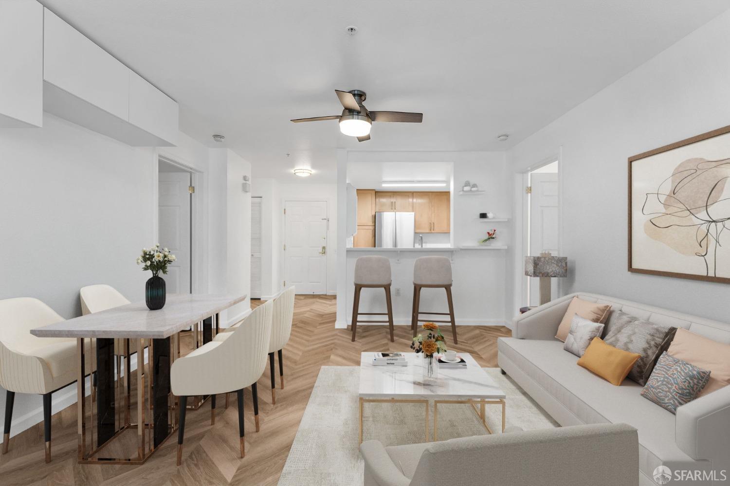 a living room with furniture and a table