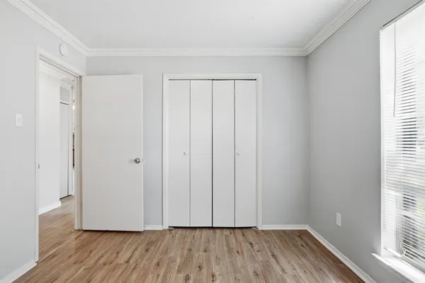 a view of wooden floor and closet in a room