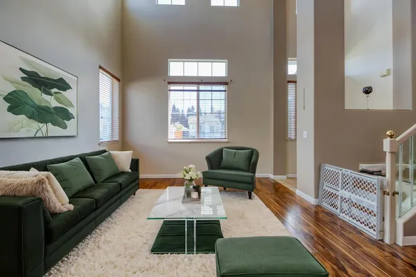 a living room with furniture and a rug