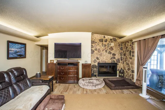 a living room with furniture a flat screen tv and a fireplace